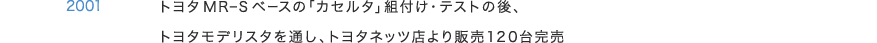 2001 トヨタMR−Sベースの「カセルタ」組付け・テストの後、トヨタモデリスタを通し、トヨタネッツ店より販売120台完売