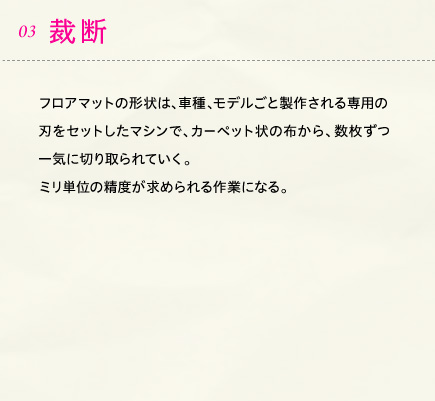 03.裁断 フロアマットの形状は、車種、モデルごと製作される専用の刃をセットしたマシンで、カーペット状の布から、数枚ずつ一気に切り取られていく。ミリ単位の精度が求められる作業になる。