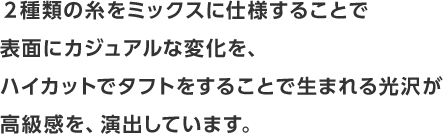 ２種類の糸をミックスに仕様することで表面にカジュアルな変化を、ハイカットでタフトをすることで生まれる光沢が高級感を、演出しています。